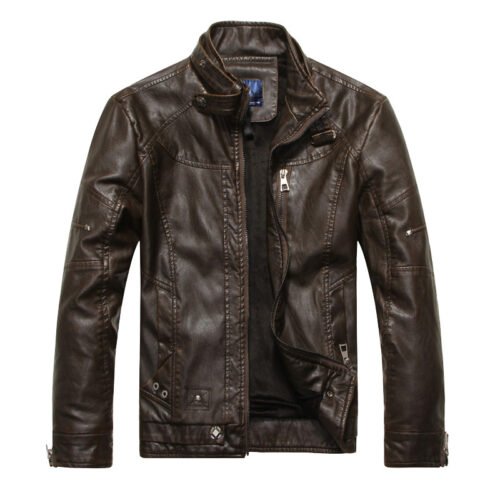 Classic Men's Biker PU Leather Jacket - Stand Collar with Fleece Lining