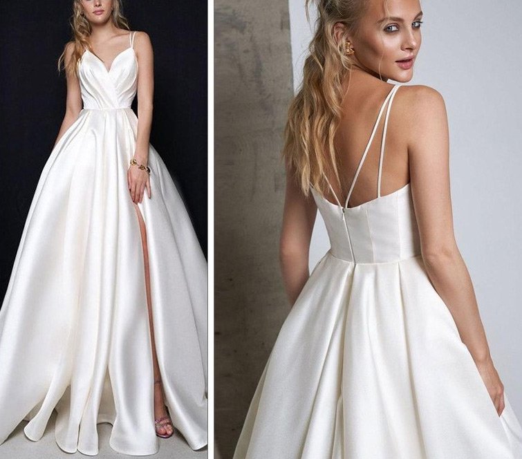 New Satin Lightweight Wedding Dress with Sweep Train: Figure-Flattering Off-Shoulder Evening Gown