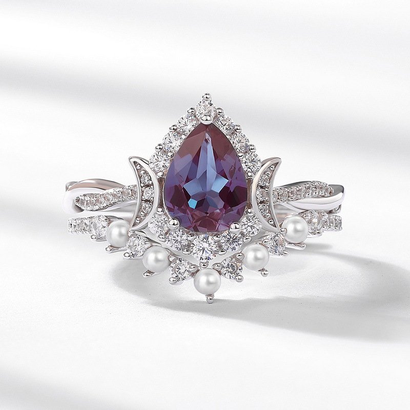New Alexandrite Ring S925 Sterling Silver Set with Freshwater Pearl Stackable Ring