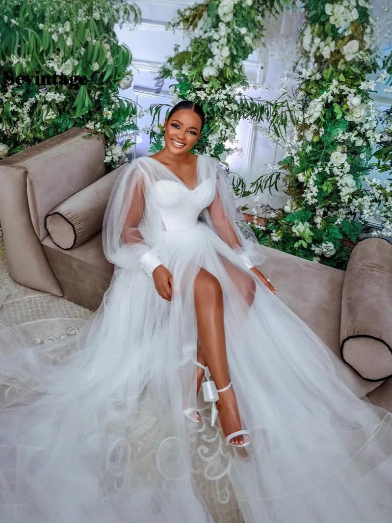 White Tulle Mermaid Wedding Dress with Fitted Waist, Thigh-High Slit, Sweep Train & Sweetheart Puff Sleeves